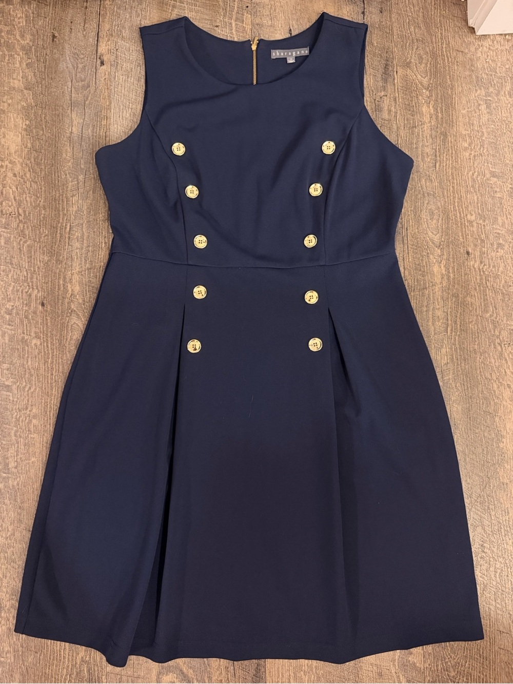 Sharagano Navy Gold Button Fit & Flare Dress Size 14